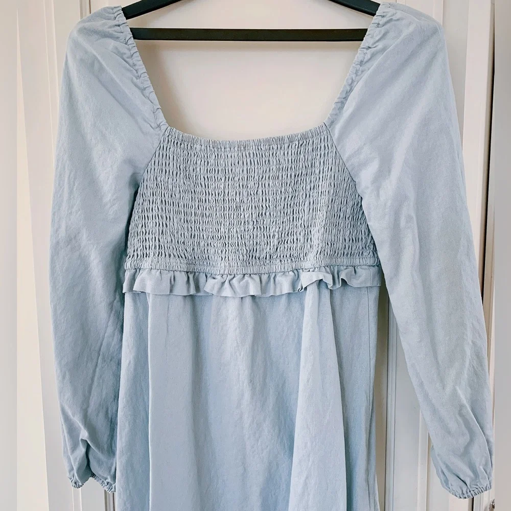 7 For All Mankind Baby Blue Linen Cotton Blend Long-sleeve Dress - Picture 4 of 6